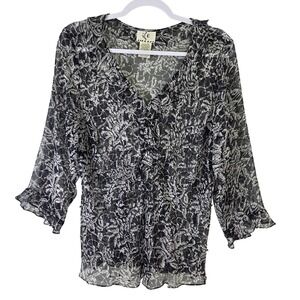 Vtg Ice All Silk Blouse XL Abstract Floral Sequin Ruffle Vneck Witchy Whimsigoth
